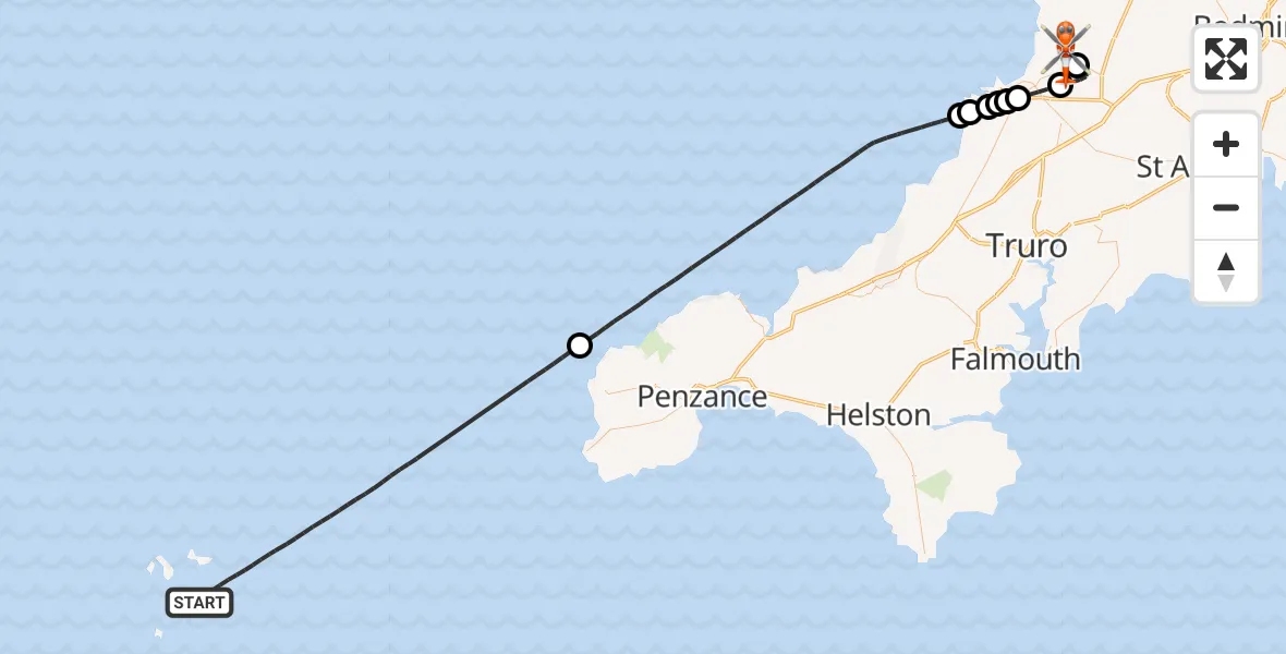 Flight route Coastguard Helicopter North Atlantic Ocean - Cornwall Airport Newquay, 09 September 2026, 15:18