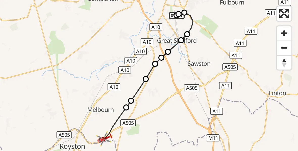 Flight route Air Ambulance Helicopter Papworth Hospital - Melbourn, 09 September 2026, 15:19