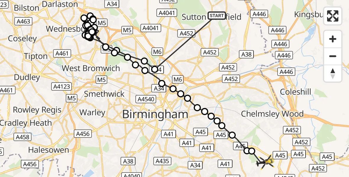 Flight route Police Helicopter Sutton Coldfield - Solihull, 09 September 2026, 15:28