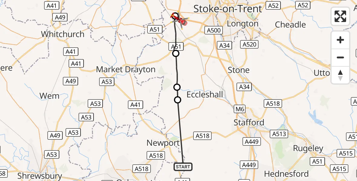 Flight route Air Ambulance Helicopter Sheriffhales - Crewe, 09 September 2026, 15:28