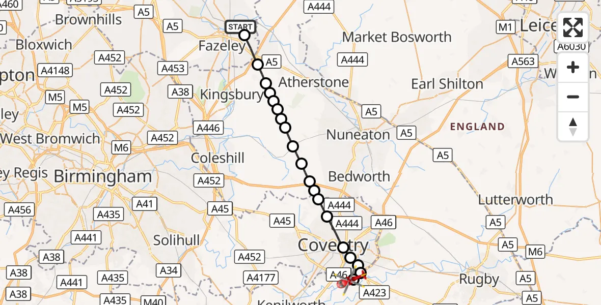 Flight route Air Ambulance Helicopter Tamworth - Coventry Airport, 09 September 2026, 15:38