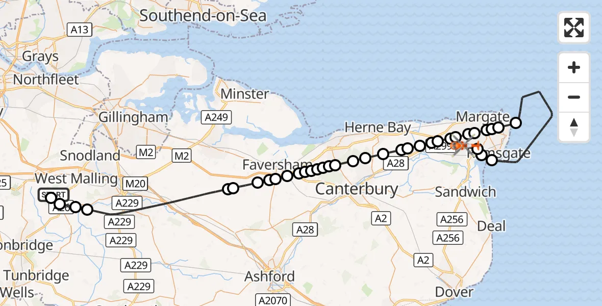 Flight route Coastguard Helicopter Mereworth - Manston Airport, 09 September 2026, 15:39