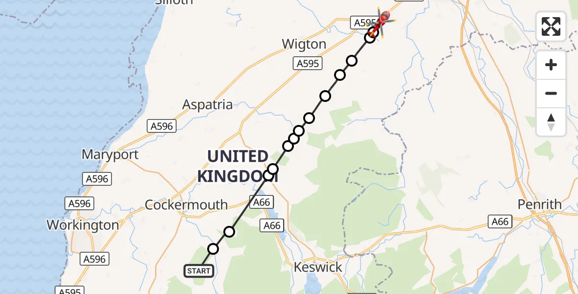 Flight route Air Ambulance Helicopter Blindbothel - Baldwinholme, 09 September 2026, 15:49