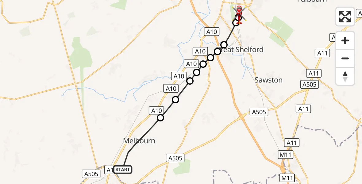 Flight route Air Ambulance Helicopter Melbourn - Papworth Hospital, 09 September 2026, 16:04