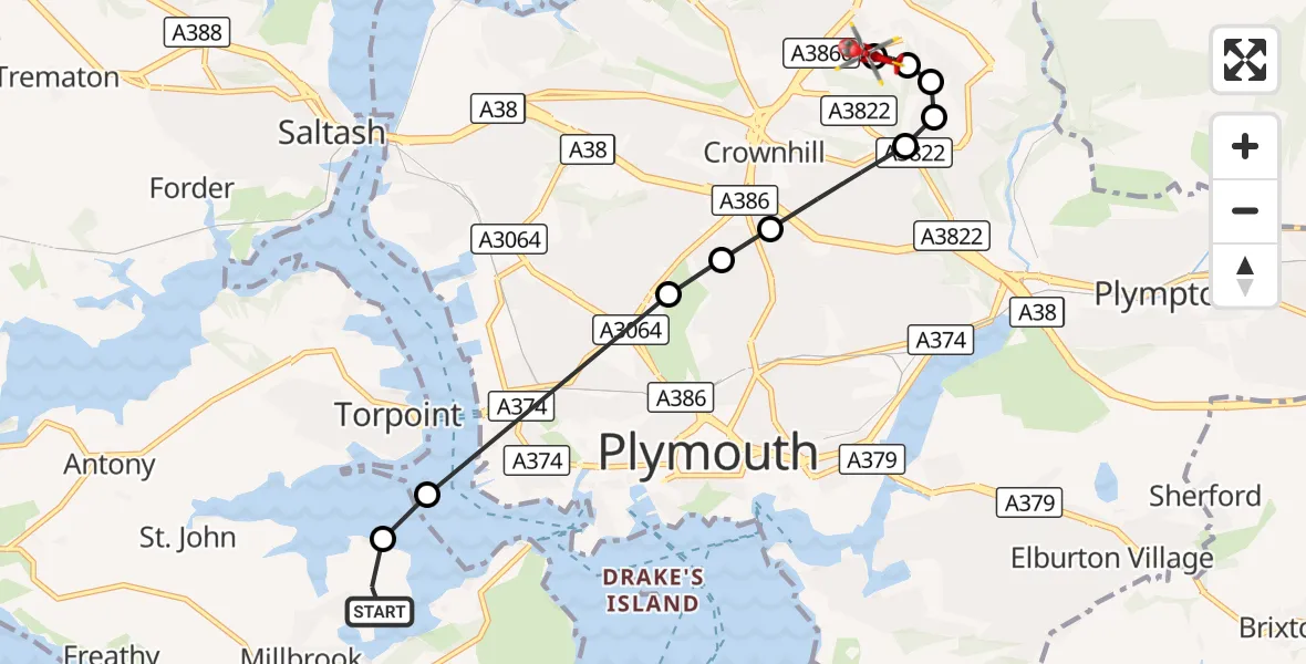 Flight route Air Ambulance Helicopter Torpoint - Derriford Hospital, 09 September 2026, 16:28