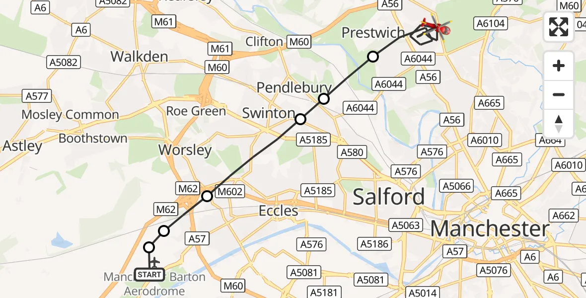 Flight route Air Ambulance Helicopter Manchester Barton Aerodrome - Prestwich, 09 September 2026, 16:44