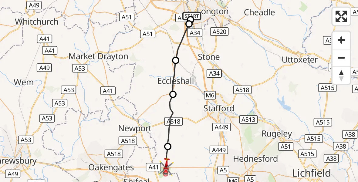 Flight route Air Ambulance Helicopter Stoke - Weston under Lizard, 09 September 2026, 16:50