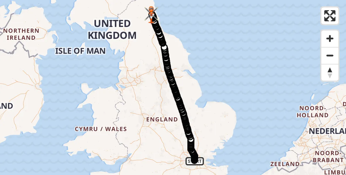 Flight route Coastguard Helicopter London City Airport - Newcastle International Airport, 09 September 2026, 16:51