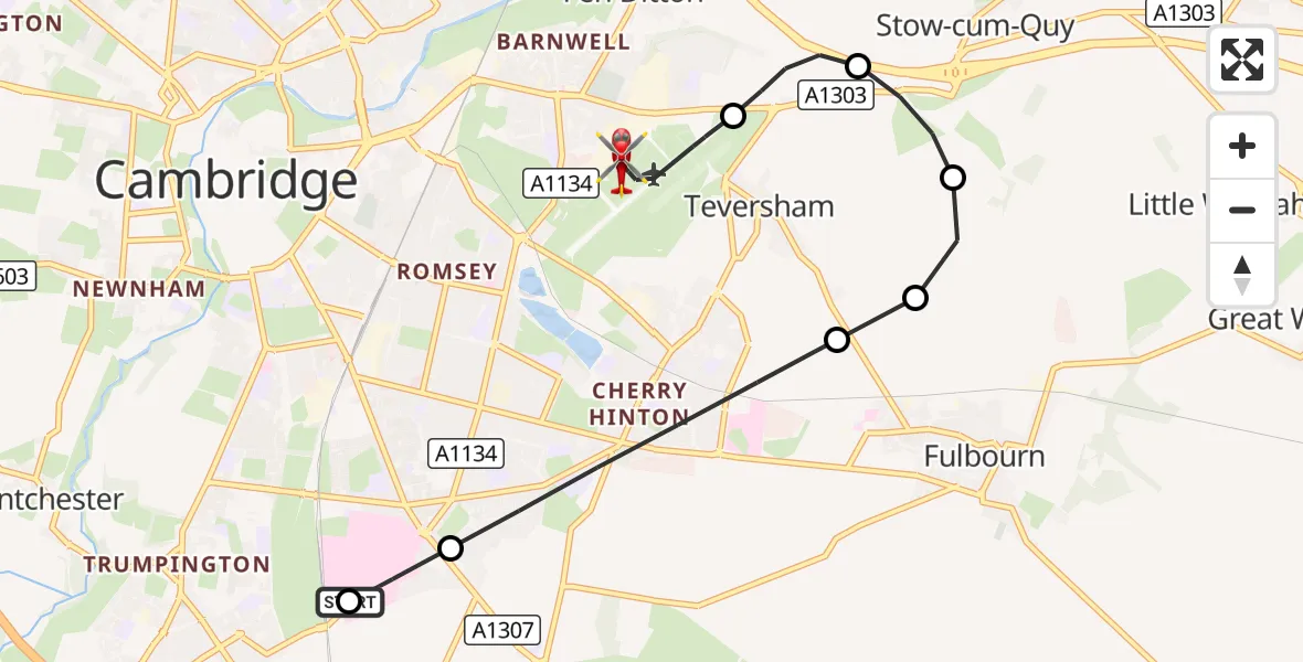 Flight route Air Ambulance Helicopter Papworth Hospital - Cambridge City Airport, 09 September 2026, 16:57