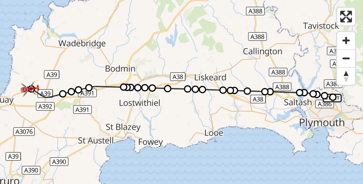 Flight route Air Ambulance Helicopter Derriford Hospital - Cornwall Airport Newquay, 09 September 2026, 17:07