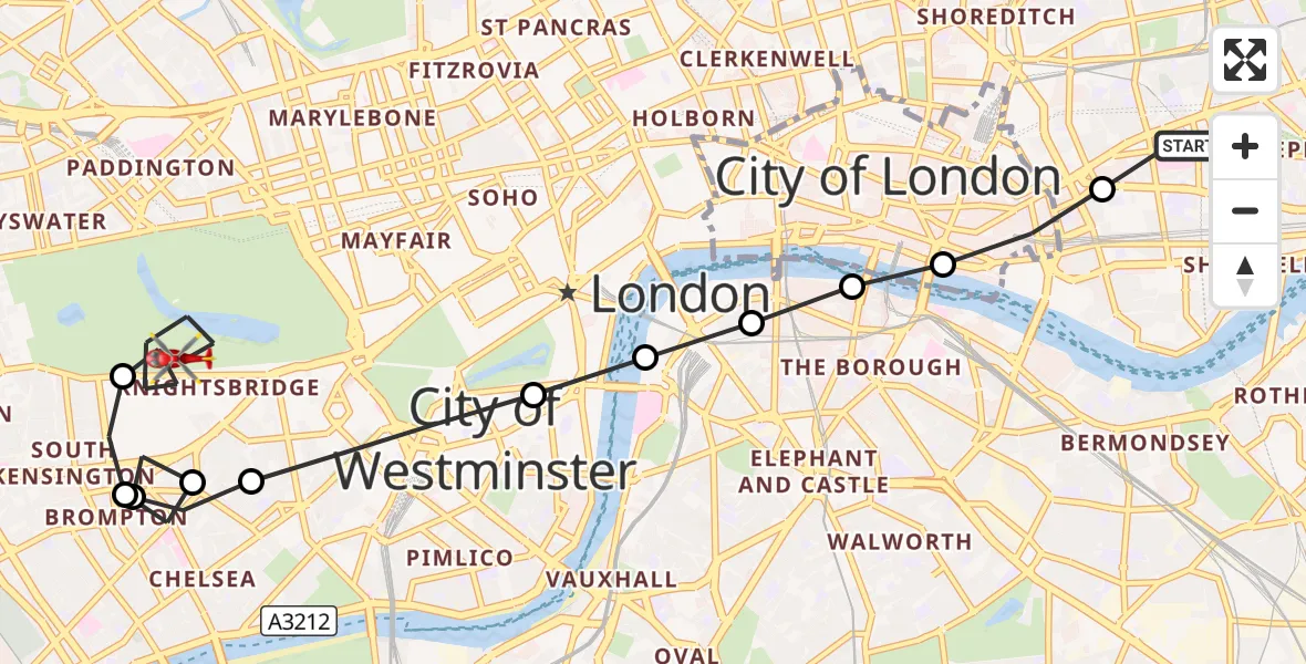 Flight route Air Ambulance Helicopter Royal London Hospital - City of Westminster, 09 September 2026, 17:18