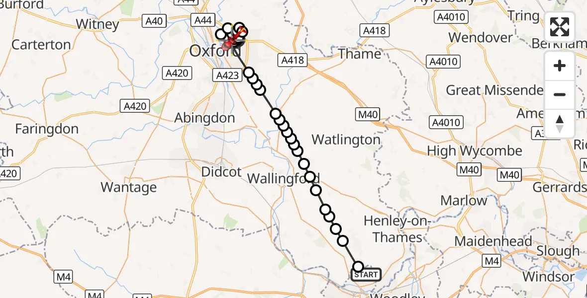 Flight route Air Ambulance Helicopter Reading - Oxford, 09 September 2026, 17:23