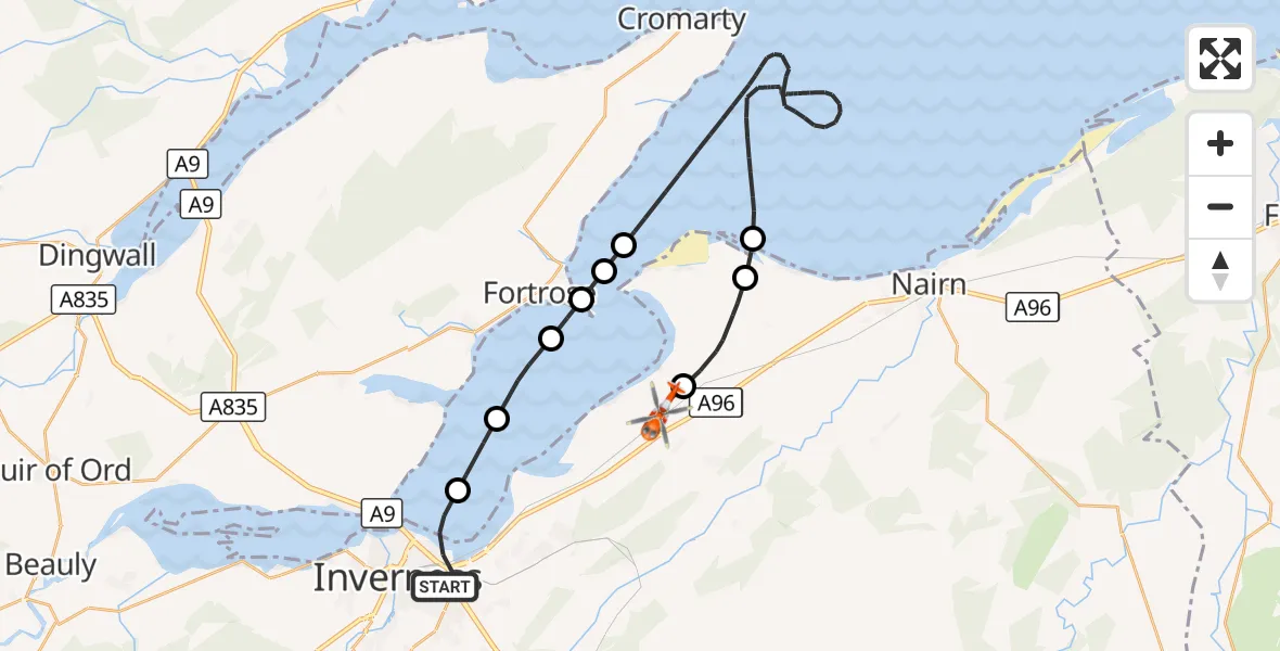Flight route Coastguard Helicopter Inverness - Inverness Airport, 09 September 2026, 17:39