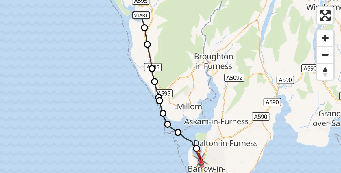 Flight route Air Ambulance Helicopter Ravenglass - Barrow-in-Furness, 09 September 2026, 17:39