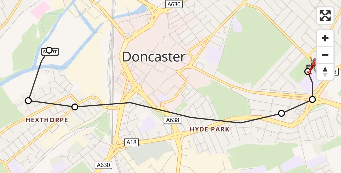 Flight route Air Ambulance Helicopter Cusworth - Wheatley, 09 September 2026, 17:52