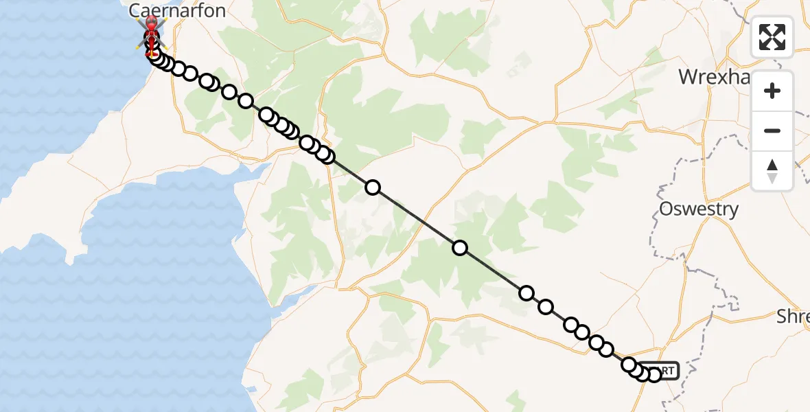 Flight route Air Ambulance Helicopter Welshpool Airport - Caernarfon Airport, 09 September 2026, 17:55