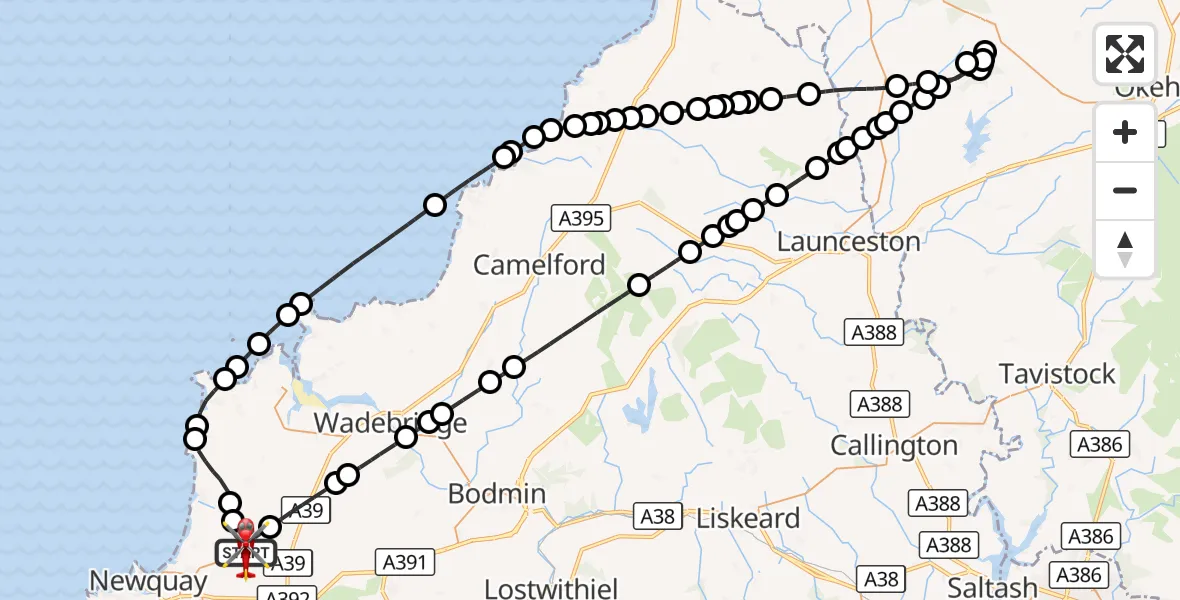 Flight route Air Ambulance Helicopter Cornwall Airport Newquay - Cornwall Airport Newquay, 09 September 2026, 17:57