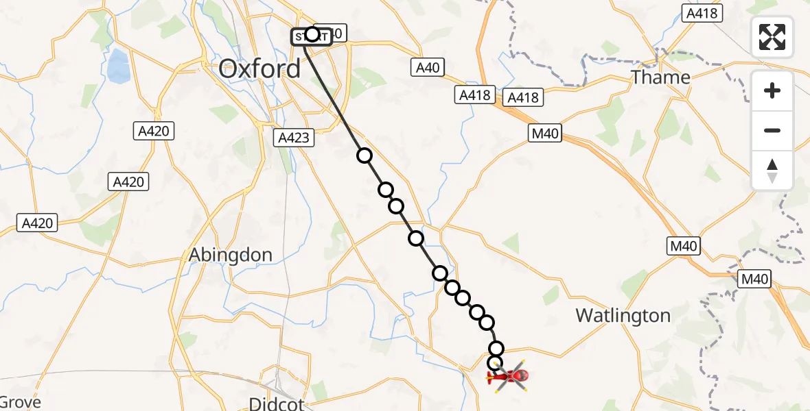 Flight route Air Ambulance Helicopter John Radcliffe Hospital - RAF Benson, 09 September 2026, 18:01