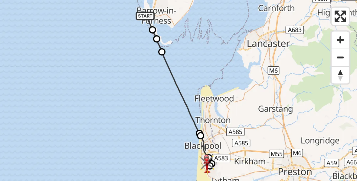 Flight route Air Ambulance Helicopter Barrow-in-Furness - Blackpool Airport, 09 September 2026, 18:13