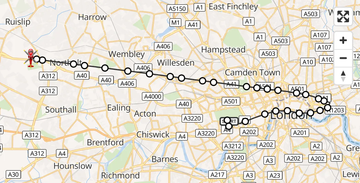 Flight route Air Ambulance Helicopter City of Westminster - RAF Northolt, 09 September 2026, 18:28