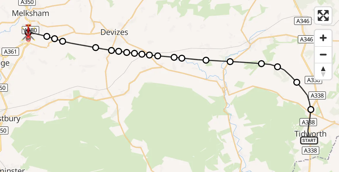 Flight route Air Ambulance Helicopter Tidworth - Wiltshire Air Ambulance, 09 September 2026, 19:02