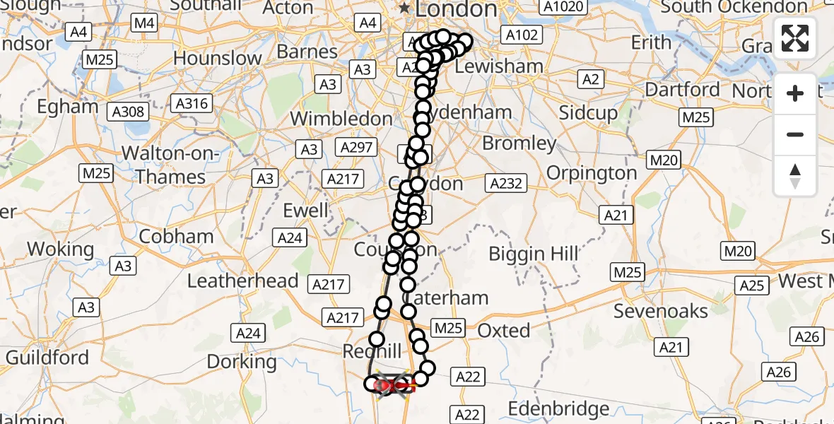 Flight route Air Ambulance Helicopter Redhill Aerodrome - Redhill Aerodrome, 09 September 2026, 19:12