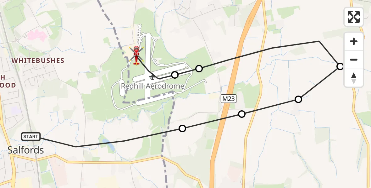 Flight route Air Ambulance Helicopter Salfords - Redhill Aerodrome, 09 September 2026, 19:59