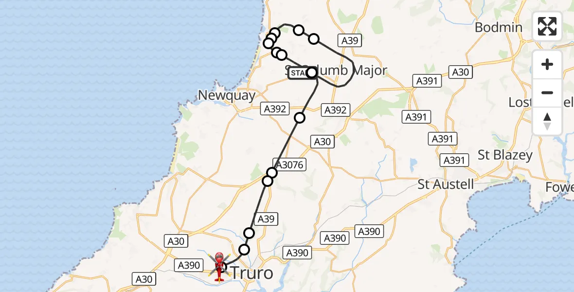 Flight route Air Ambulance Helicopter Cornwall Airport Newquay - Treliske Hospital, 09 September 2026, 20:35