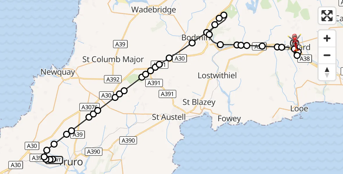 Flight route Air Ambulance Helicopter Treliske Hospital - Liskeard, 09 September 2026, 21:00