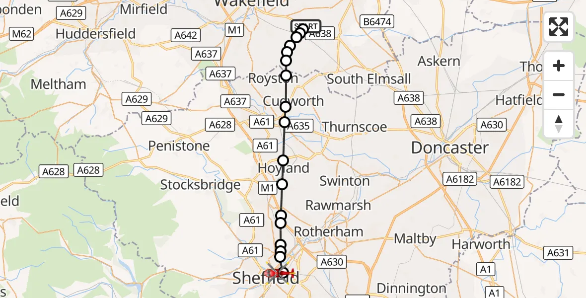 Flight route Air Ambulance Helicopter YAA Nostell Helicopter Port - Wybourn, 09 September 2026, 21:09