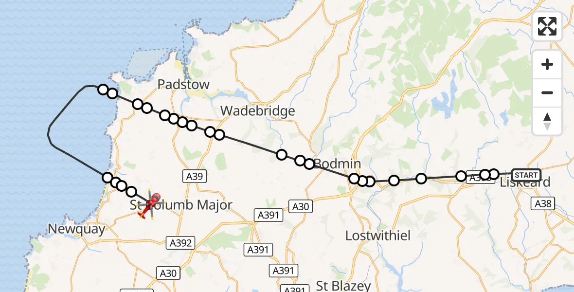 Flight route Air Ambulance Helicopter Liskeard - Cornwall Airport Newquay, 09 September 2026, 21:32