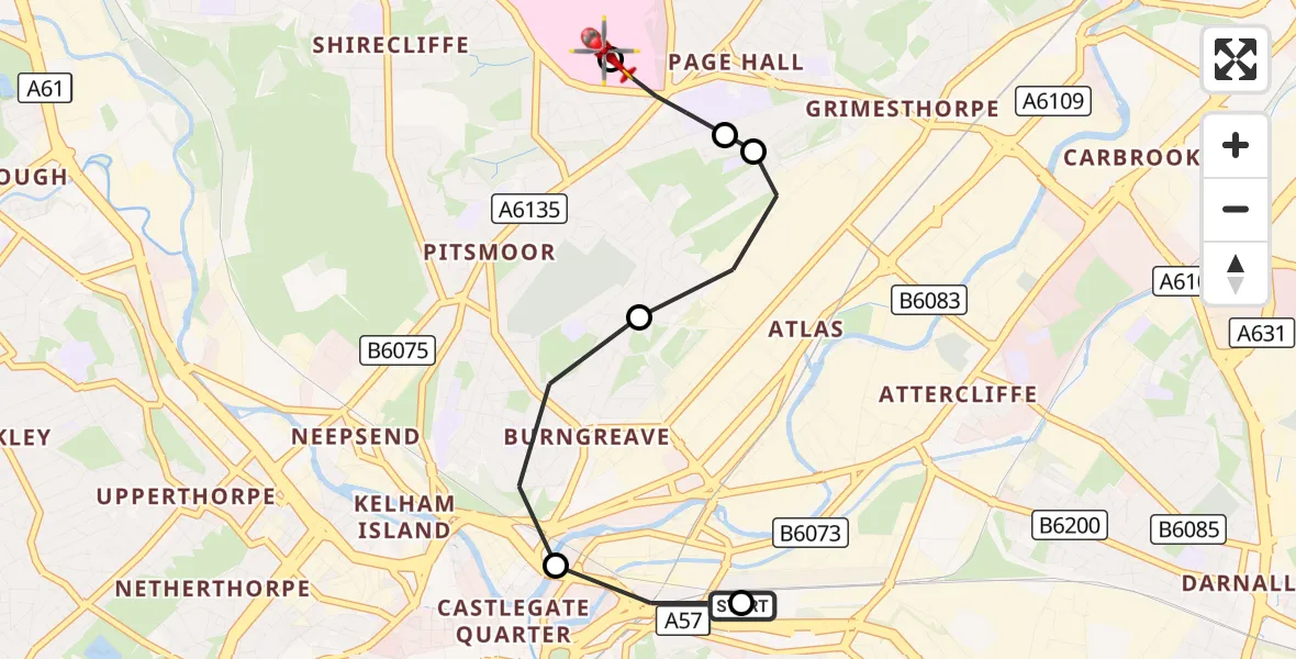 Flight route Air Ambulance Helicopter Park Hill - Sheffield Northern Hospital, 09 September 2026, 21:44