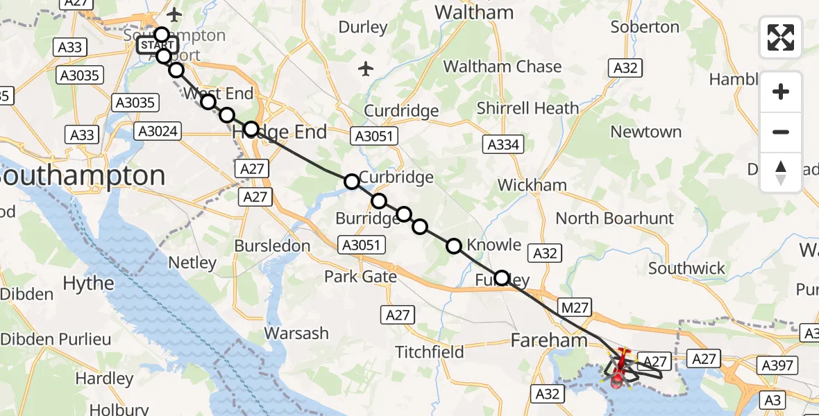 Flight route Air Ambulance Helicopter Southampton Airport - Fareham, 09 September 2026, 22:05