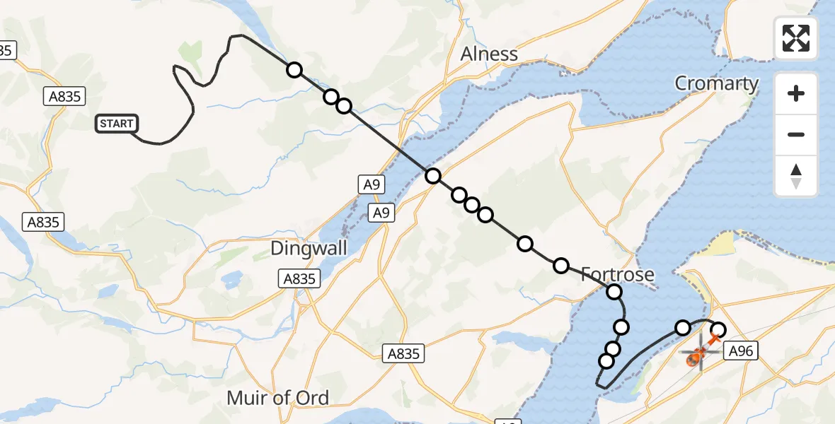 Flight route Coastguard Helicopter Highland - Inverness Airport, 09 September 2026, 22:08
