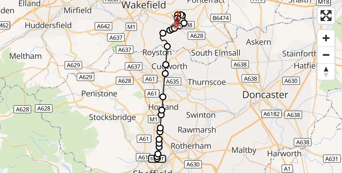 Flight route Air Ambulance Helicopter Sheffield Northern Hospital - YAA Nostell Helicopter Port, 09 September 2026, 22:27