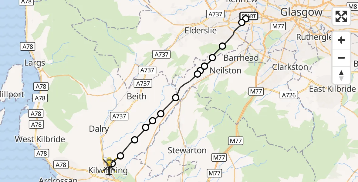 Flight route Police Helicopter Renfrew - Kilwinning, 09 September 2026, 22:34
