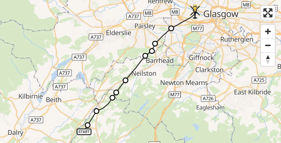 Flight route Police Helicopter East Ayrshire - Glasgow, 09 September 2026, 22:57