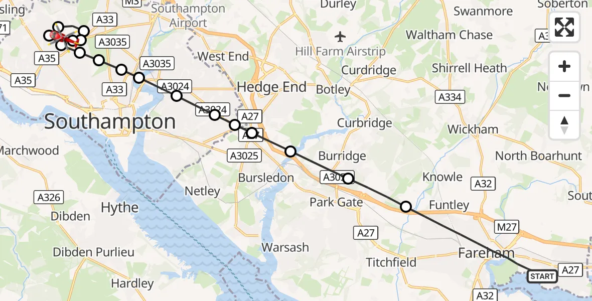 Flight route Air Ambulance Helicopter Fareham - University Hospital Southampton, 09 September 2026, 23:00