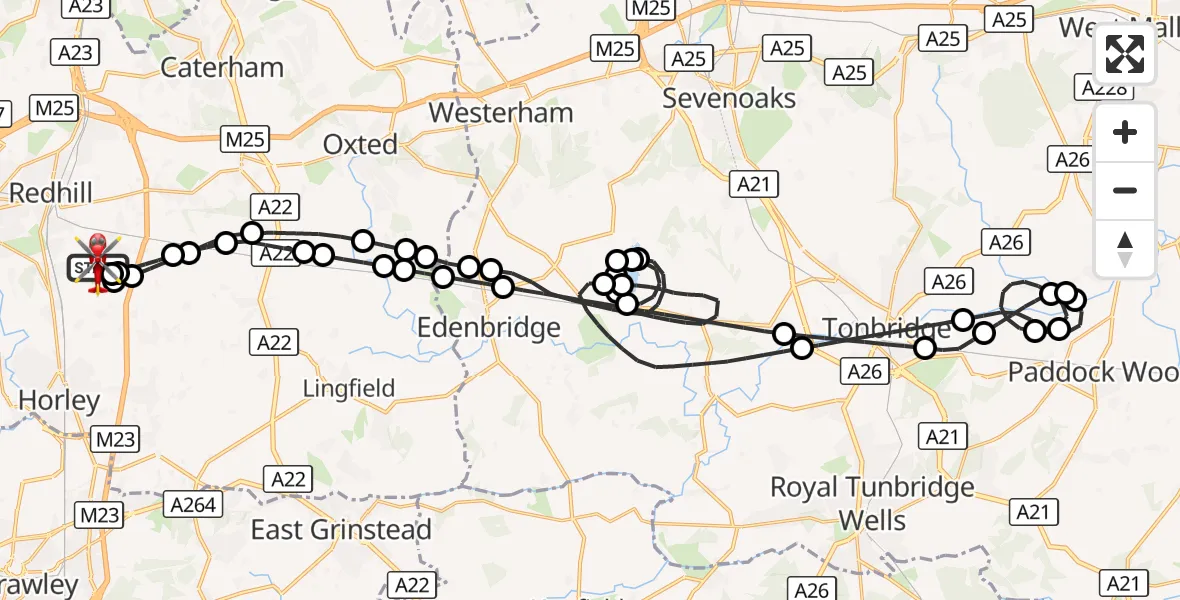 Flight route Air Ambulance Helicopter Redhill Aerodrome - Redhill Aerodrome, 09 September 2026, 23:00