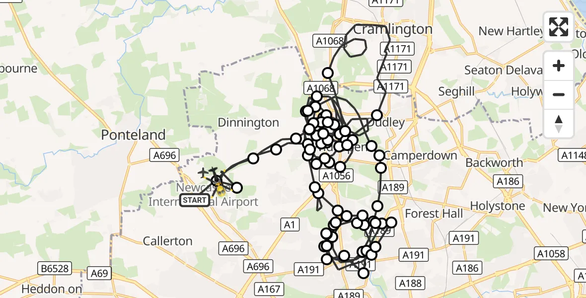Flight route Police Helicopter Newcastle International Airport - Newcastle International Airport, 09 September 2026, 23:27