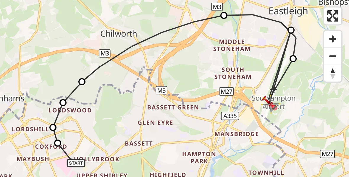 Flight route Air Ambulance Helicopter University Hospital Southampton - Southampton Airport, 10 September 2026, 00:04