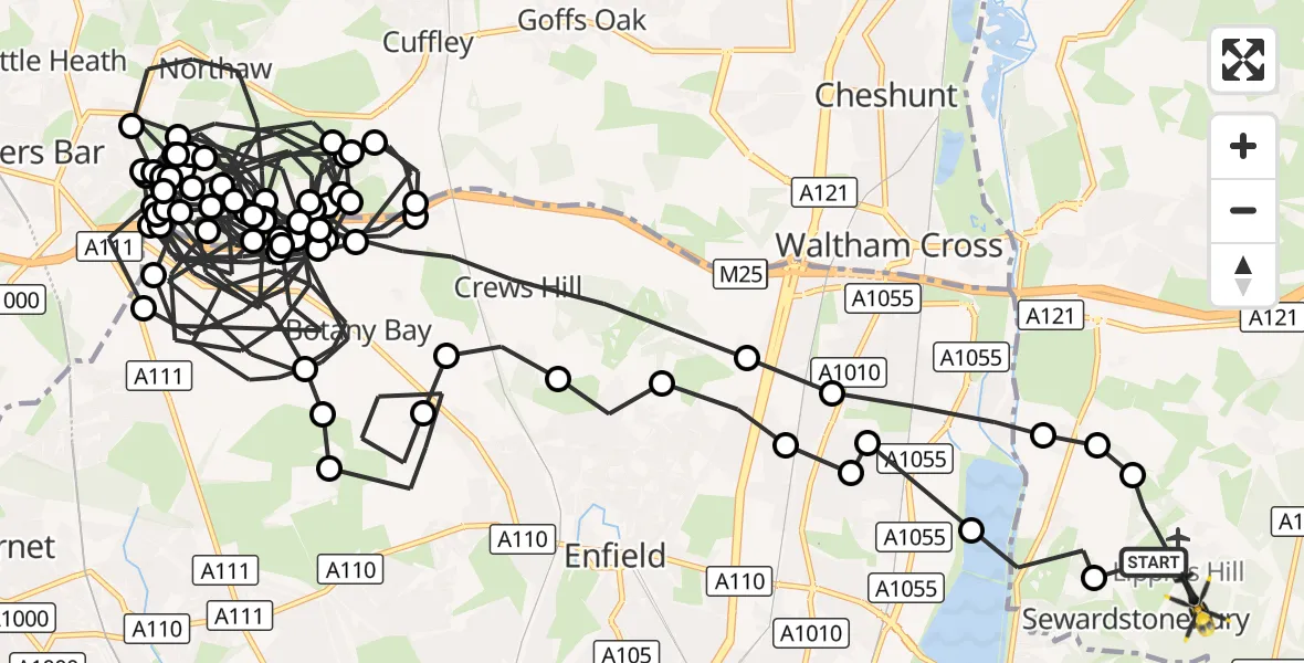 Flight route Police Helicopter Metropolitan Police Air Support Unit Lippitts Hill - Sewardstonebury, 10 September 2026, 04:42
