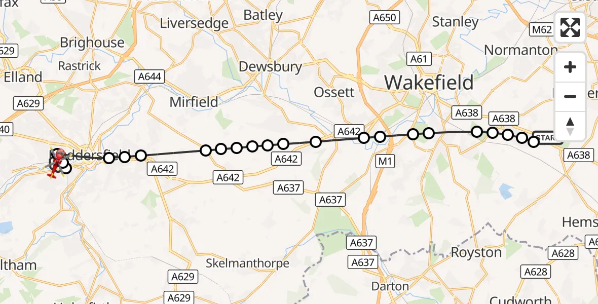 Flight route Air Ambulance Helicopter YAA Nostell Helicopter Port - Milnsbridge, 10 September 2026, 06:55