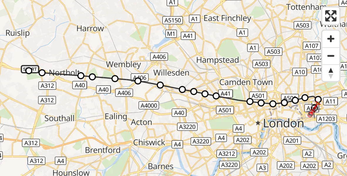 Flight route Air Ambulance Helicopter RAF Northolt - Royal London Hospital, 10 September 2026, 07:06