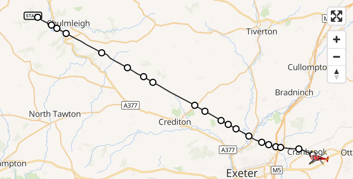 Flight route Air Ambulance Helicopter Burrington - Rockbeare, 10 September 2026, 07:27