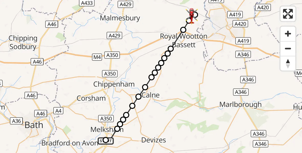 Flight route Air Ambulance Helicopter Wiltshire Air Ambulance - Purton, 10 September 2026, 09:30