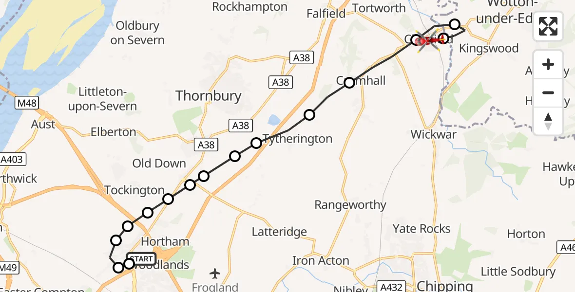 Flight route Air Ambulance Helicopter Almondsbury Helicopter Base - Charfield, 10 September 2026, 09:37