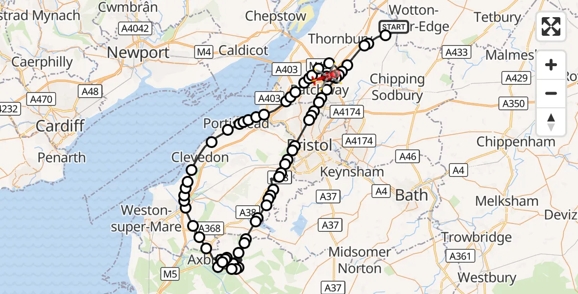 Flight route Air Ambulance Helicopter Charfield - Almondsbury Helicopter Base, 10 September 2026, 09:49