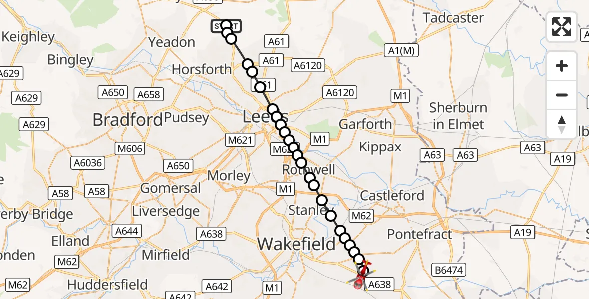 Flight route Air Ambulance Helicopter Bramhope - YAA Nostell Helicopter Port, 10 September 2026, 09:56