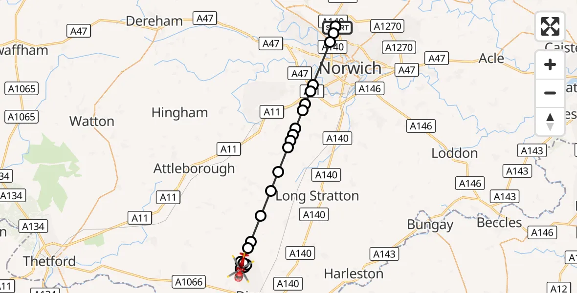 Flight route Air Ambulance Helicopter Norwich Airport - Diss, 10 September 2026, 09:58